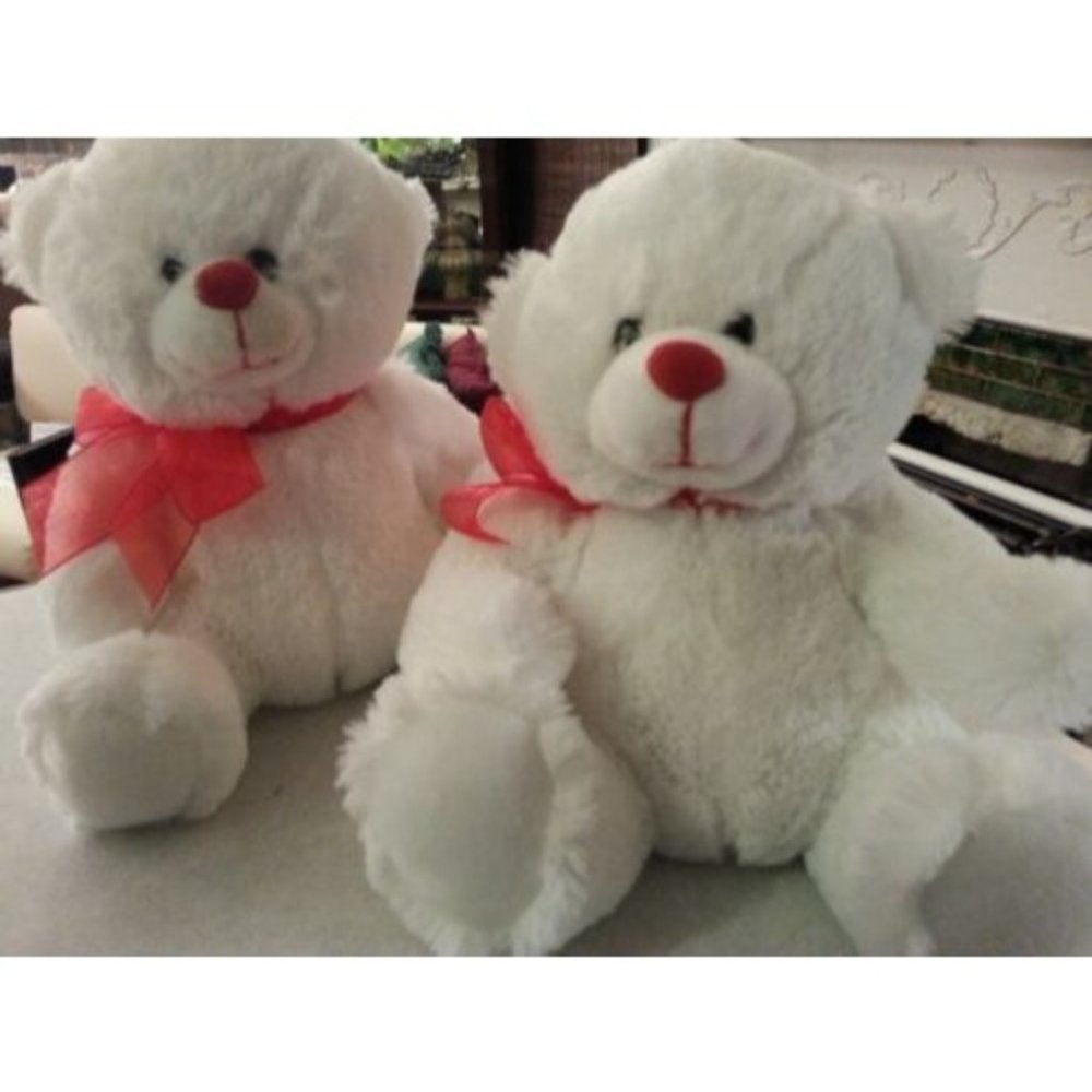 2 FLUFFY WHITE TEDDY BEAR STUFFED ANIMALS WITH RED RIBBONS